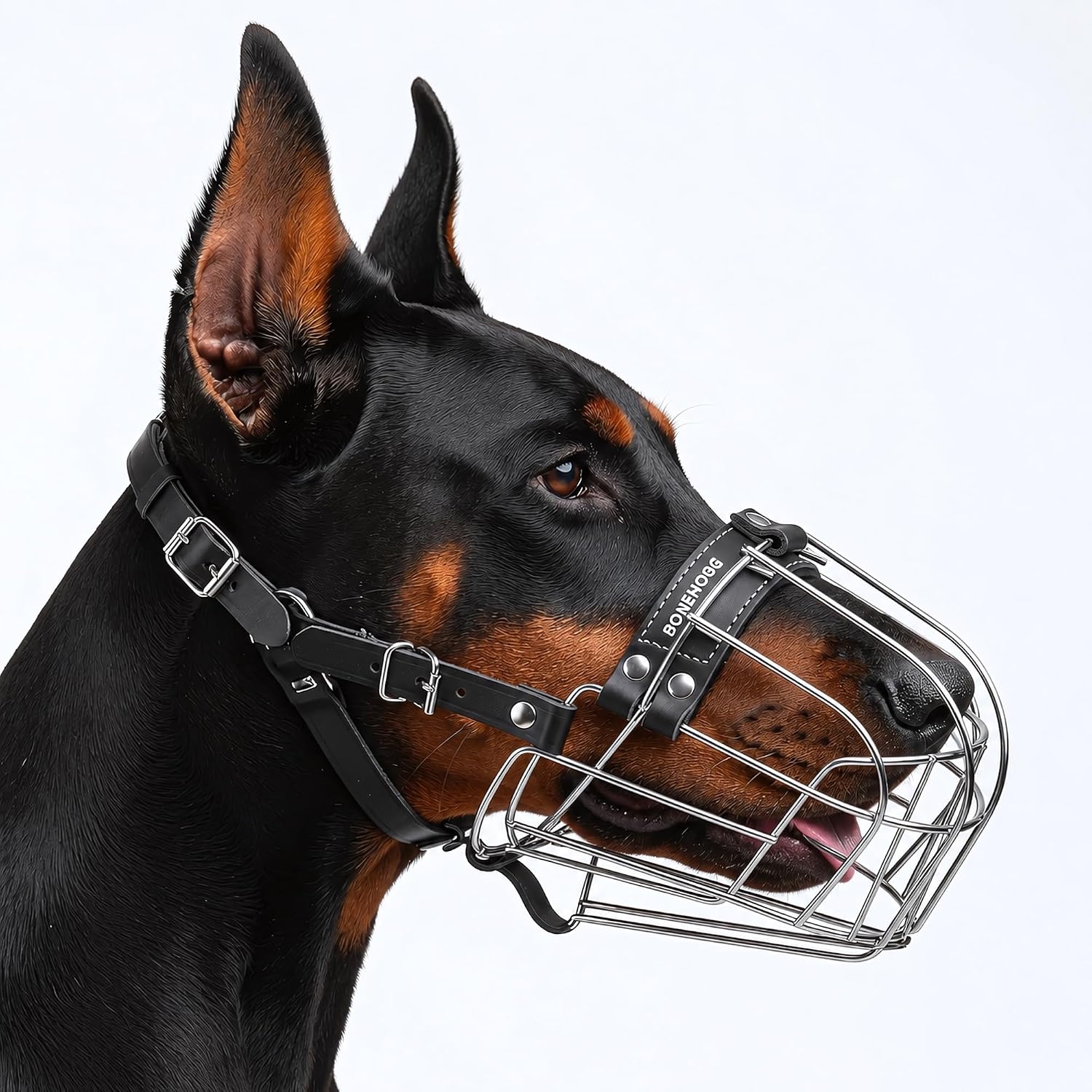 BRONZEDOG Dog Muzzle Adjustable Durable Metal Wire Basket for Large and Extra Large Dogs with Leather Straps Breathable, Drinkable, Training, Prevents Biting (Stainless Steel, Rottweiler)
